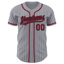 Load image into Gallery viewer, Custom Gray Black Pinstripe Crimson Authentic Baseball Jersey