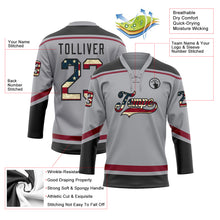 Load image into Gallery viewer, Custom Gray Vintage USA Flag Black-Crimson Hockey Lace Neck Jersey