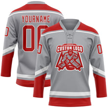Load image into Gallery viewer, Custom Gray Red-White Hockey Lace Neck Jersey