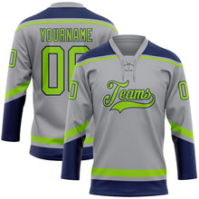 Load image into Gallery viewer, Custom Gray Neon Green-Navy Hockey Lace Neck Jersey