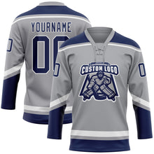 Load image into Gallery viewer, Custom Gray Navy-White Hockey Lace Neck Jersey