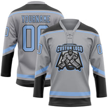 Load image into Gallery viewer, Custom Gray Light Blue-Black Hockey Lace Neck Jersey