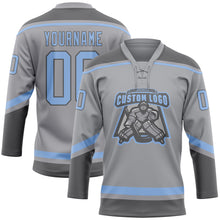 Load image into Gallery viewer, Custom Gray Light Blue-Steel Gray Hockey Lace Neck Jersey
