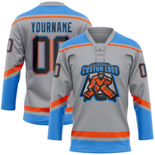 Load image into Gallery viewer, Custom Gray Black Powder Blue-Orange Hockey Lace Neck Jersey