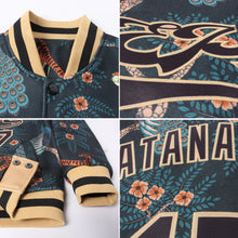 Load image into Gallery viewer, Custom Black Black-Old Gold Tiger And Peacock 3D Pattern Design Bomber Full-Snap Varsity Letterman Jacket