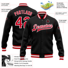 Load image into Gallery viewer, Custom Black Red-White Bomber Full-Snap Varsity Letterman Jacket