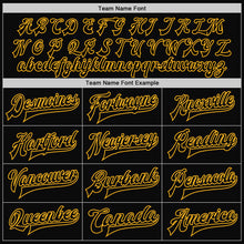 Load image into Gallery viewer, Custom Black Black-Gold Bomber Full-Snap Varsity Letterman Jacket