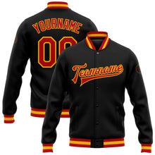Load image into Gallery viewer, Custom Black Red-Gold Bomber Full-Snap Varsity Letterman Jacket