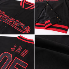 Load image into Gallery viewer, Custom Black Black-Red Bomber Full-Snap Varsity Letterman Jacket