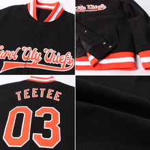 Load image into Gallery viewer, Custom Black Orange-White Bomber Full-Snap Varsity Letterman Jacket