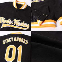 Load image into Gallery viewer, Custom Black Gold-White Bomber Full-Snap Varsity Letterman Jacket