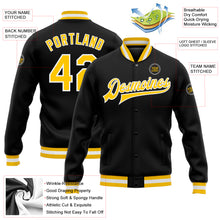 Load image into Gallery viewer, Custom Black Gold-White Bomber Full-Snap Varsity Letterman Jacket