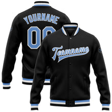 Load image into Gallery viewer, Custom Black Light Blue-White Bomber Full-Snap Varsity Letterman Jacket