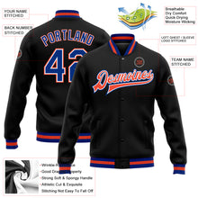Load image into Gallery viewer, Custom Black Royal White-Orange Bomber Full-Snap Varsity Letterman Jacket