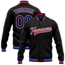Load image into Gallery viewer, Custom Black Royal White-Orange Bomber Full-Snap Varsity Letterman Jacket
