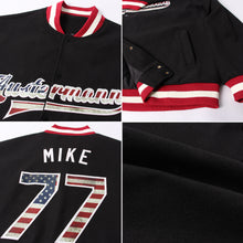 Load image into Gallery viewer, Custom Black Vintage USA Flag-Cream Bomber Full-Snap Varsity Letterman Jacket