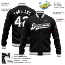 Load image into Gallery viewer, Custom Black White-Gray Bomber Full-Snap Varsity Letterman Jacket