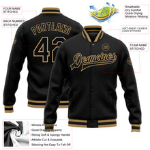 Load image into Gallery viewer, Custom Black Black-Old Gold Bomber Full-Snap Varsity Letterman Jacket