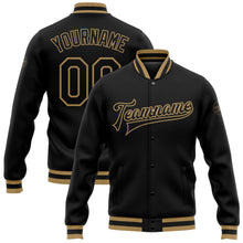 Load image into Gallery viewer, Custom Black Black-Old Gold Bomber Full-Snap Varsity Letterman Jacket