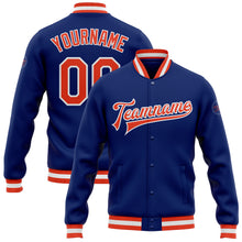 Load image into Gallery viewer, Custom Royal Orange-White Bomber Full-Snap Varsity Letterman Jacket