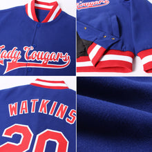 Load image into Gallery viewer, Custom Royal Red-White Bomber Full-Snap Varsity Letterman Jacket