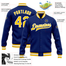 Load image into Gallery viewer, Custom Royal Gold-White Bomber Full-Snap Varsity Letterman Jacket