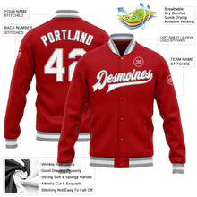 Load image into Gallery viewer, Custom Red White-Gray Bomber Full-Snap Varsity Letterman Jacket