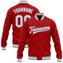 Load image into Gallery viewer, Custom Red White-Gray Bomber Full-Snap Varsity Letterman Jacket