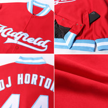 Load image into Gallery viewer, Custom Red White-Light Blue Bomber Full-Snap Varsity Letterman Jacket