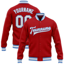 Load image into Gallery viewer, Custom Red White-Light Blue Bomber Full-Snap Varsity Letterman Jacket