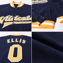 Load image into Gallery viewer, Custom Navy Gold-White Bomber Full-Snap Varsity Letterman Jacket