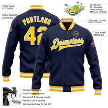 Load image into Gallery viewer, Custom Navy Gold-White Bomber Full-Snap Varsity Letterman Jacket