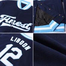 Load image into Gallery viewer, Custom Navy White-Light Blue Bomber Full-Snap Varsity Letterman Jacket