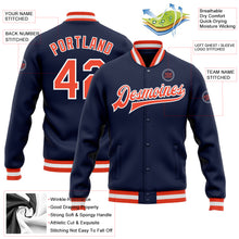 Load image into Gallery viewer, Custom Navy Orange-White Bomber Full-Snap Varsity Letterman Jacket