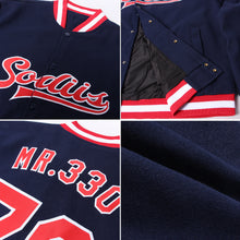 Load image into Gallery viewer, Custom Navy Red-White Bomber Full-Snap Varsity Letterman Jacket