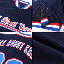 Load image into Gallery viewer, Custom Navy Royal-Red Bomber Full-Snap Varsity Letterman Jacket