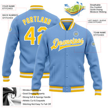 Load image into Gallery viewer, Custom Light Blue Gold-White Bomber Full-Snap Varsity Letterman Jacket