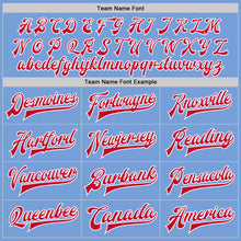 Load image into Gallery viewer, Custom Light Blue Red-White Bomber Full-Snap Varsity Letterman Jacket