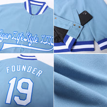 Load image into Gallery viewer, Custom Light Blue White-Royal Bomber Full-Snap Varsity Letterman Jacket