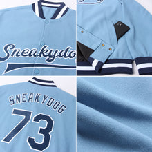 Load image into Gallery viewer, Custom Light Blue Navy-White Bomber Full-Snap Varsity Letterman Jacket