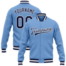 Load image into Gallery viewer, Custom Light Blue Navy-White Bomber Full-Snap Varsity Letterman Jacket
