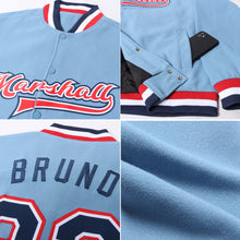 Load image into Gallery viewer, Custom Light Blue Navy White-Red Bomber Full-Snap Varsity Letterman Jacket