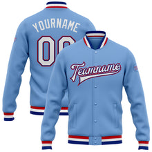 Load image into Gallery viewer, Custom Light Blue White Royal-Red Bomber Full-Snap Varsity Letterman Jacket