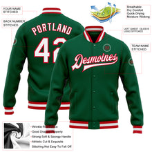 Load image into Gallery viewer, Custom Kelly Green White-Red Bomber Full-Snap Varsity Letterman Jacket