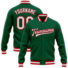 Load image into Gallery viewer, Custom Kelly Green White-Red Bomber Full-Snap Varsity Letterman Jacket