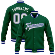 Load image into Gallery viewer, Custom Kelly Green White-Royal Bomber Full-Snap Varsity Letterman Jacket