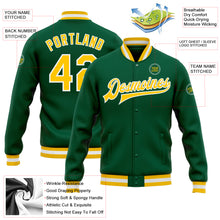 Load image into Gallery viewer, Custom Kelly Green Gold-White Bomber Full-Snap Varsity Letterman Jacket