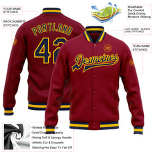 Load image into Gallery viewer, Custom Crimson Navy-Gold Bomber Full-Snap Varsity Letterman Jacket