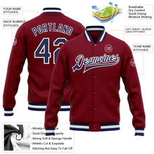 Load image into Gallery viewer, Custom Crimson Navy-White Bomber Full-Snap Varsity Letterman Jacket