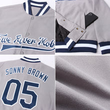 Load image into Gallery viewer, Custom Gray Navy-White Bomber Full-Snap Varsity Letterman Jacket